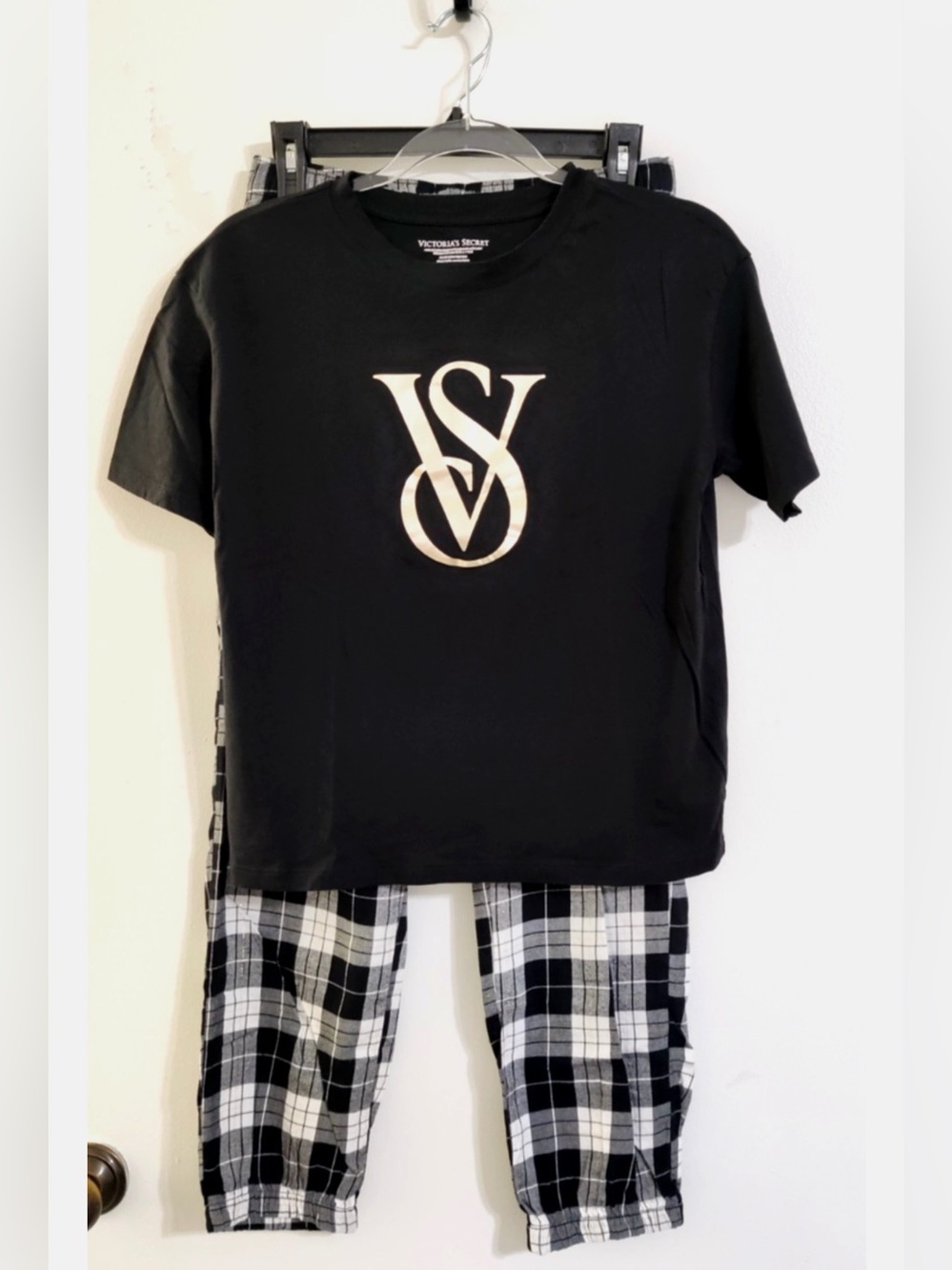 Victoria's Secret Black Top with Black & White Flannel Plaid Pajama Set XS